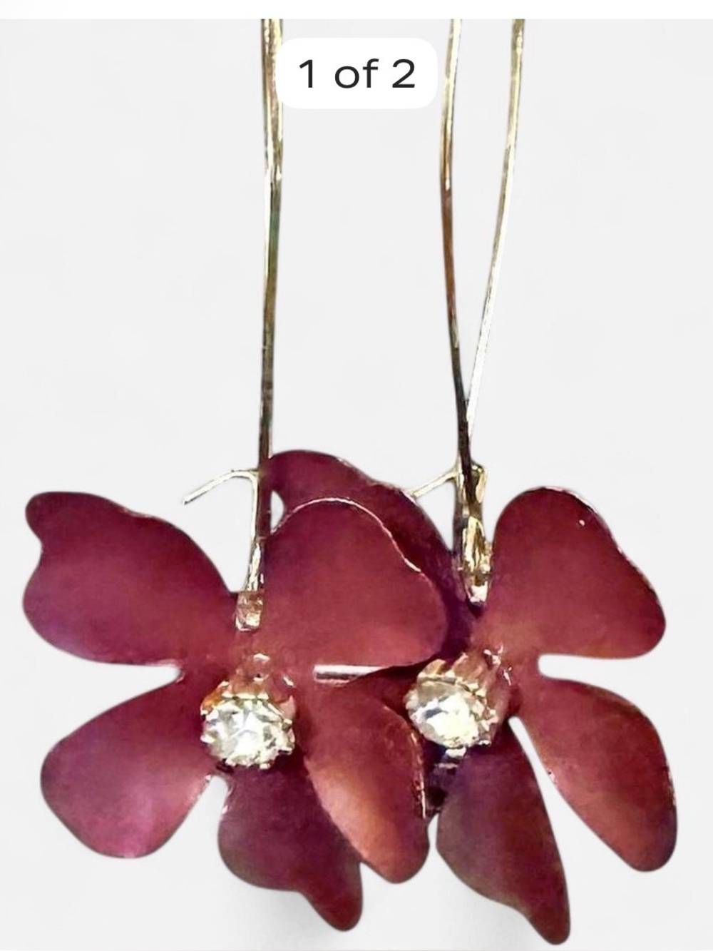 Delicate Burgundy Flower Drop Earrings with Crystal Center